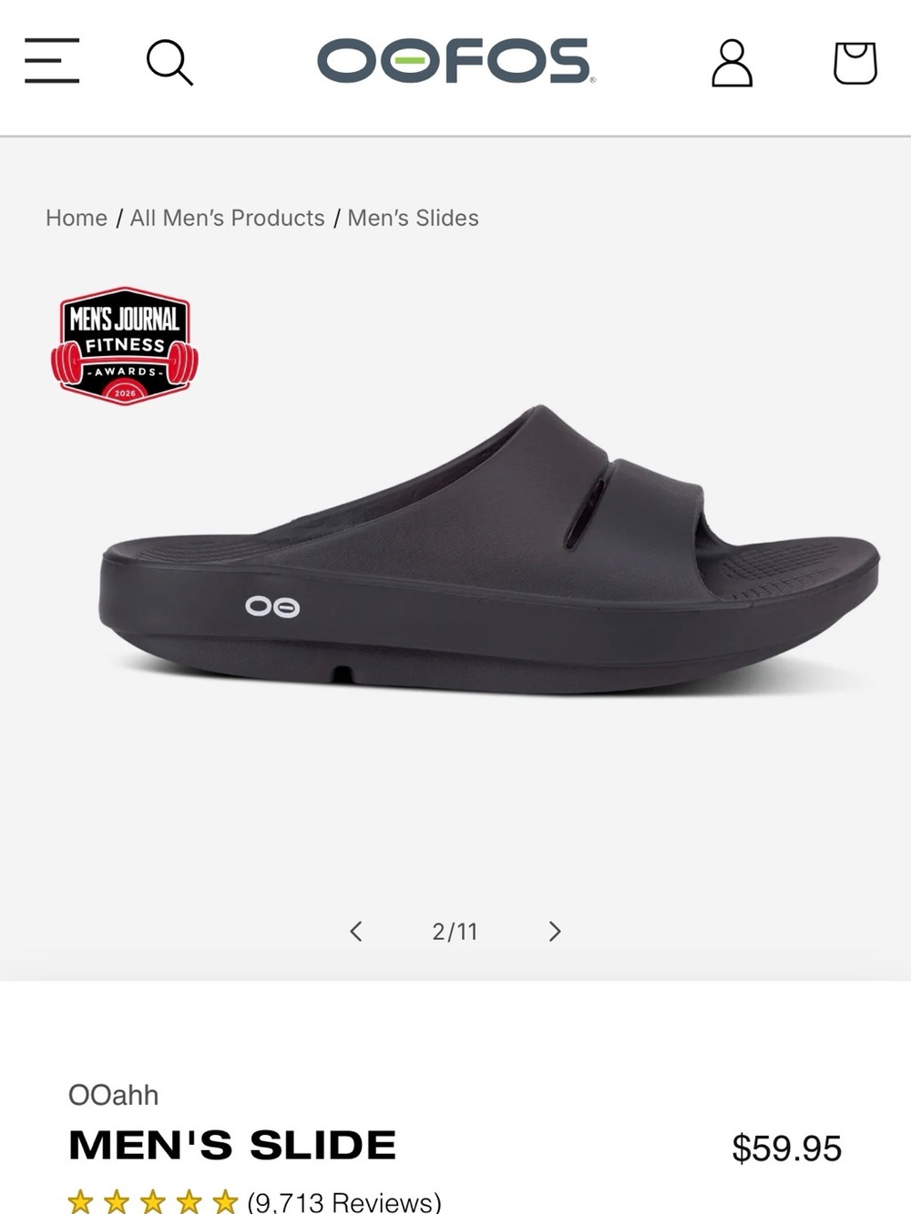 OOFOS OOriginal Slide in Black for Men size8 women size 10